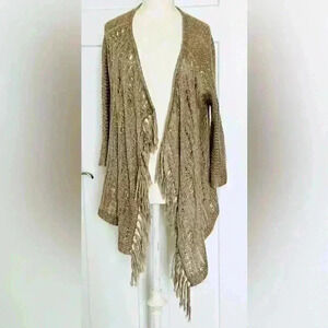 Chico’s Cardigan Sweater Tan Sparkle Sequin Open Knit Fringe Size 0🩶